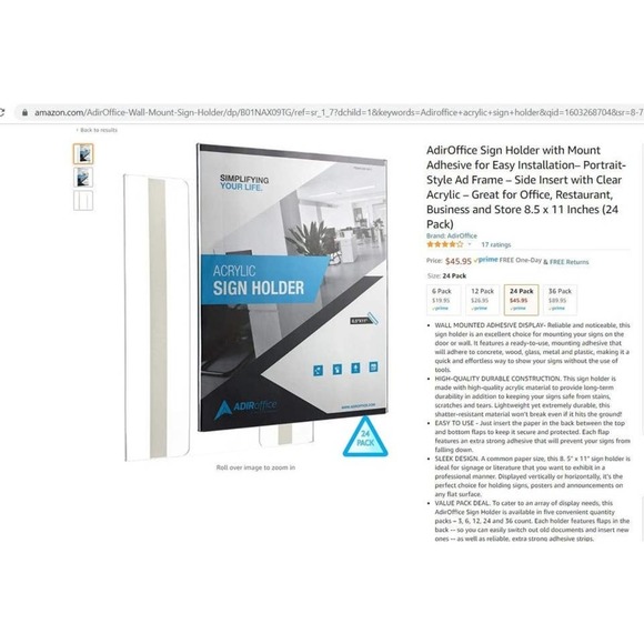 NEW Wall Mount with Adhesive Acrylic Sign Holder - 8.5in x11in - Picture 1 of 6